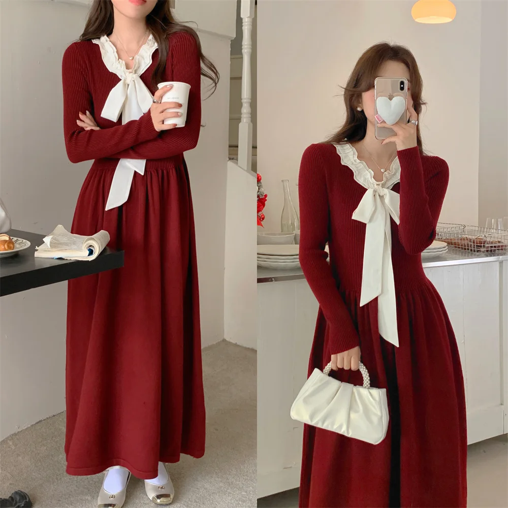 

Autumn Winter Bow Lace-up Knitted Women Dresses Temperament Slim Fit A-Line Fashion Literary Office Lady Elegant Simple Frocks