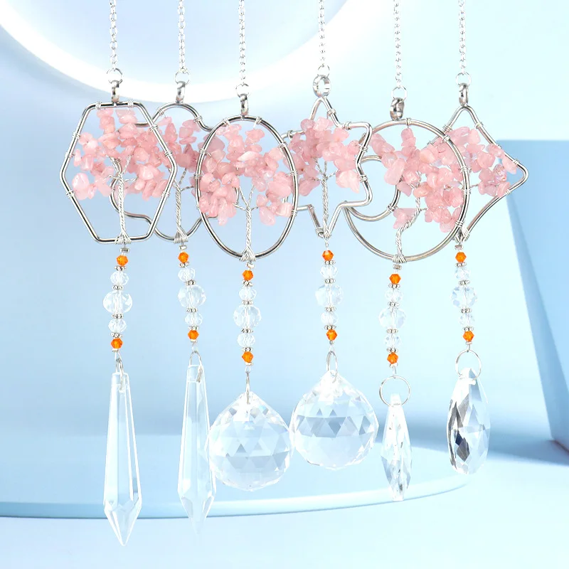 8pcs Crystal Sun Light Catcher Pendant Chip Stone Rose Quartz Tree of Life Ornaments Hanging Drop Outdoor Garden Home Decor