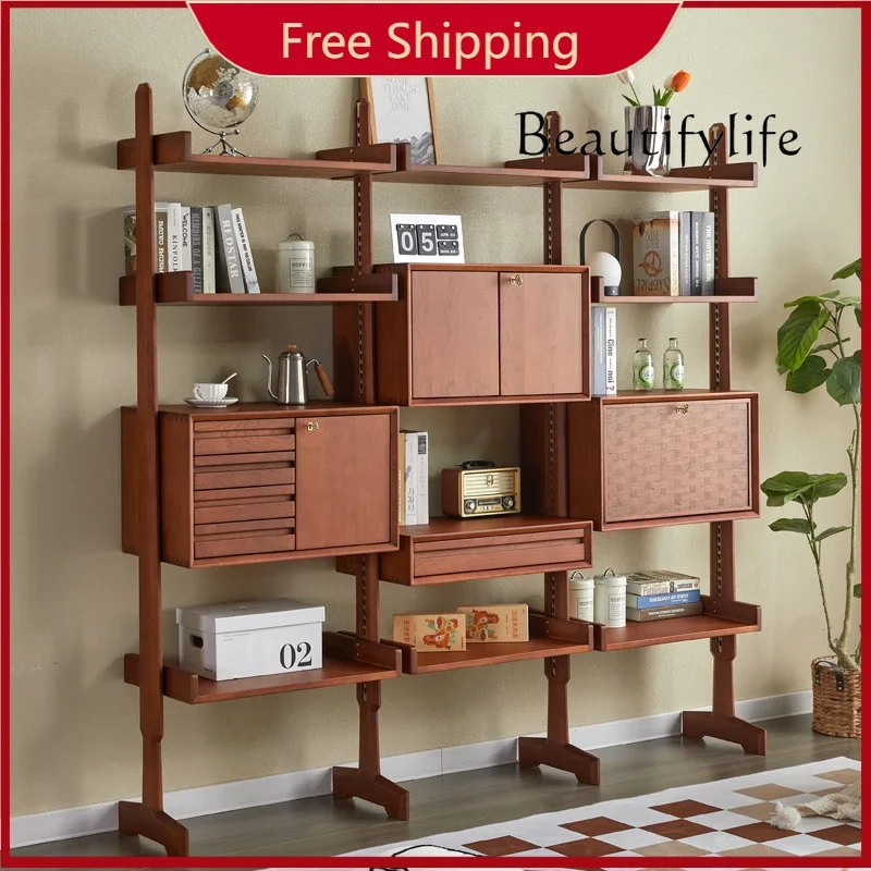 N40  Retro All Solid Wood Bookshelf Nordic Designer Wall Cabinet System Cherry Wood Medieval Bookcase Combination Display Shelf