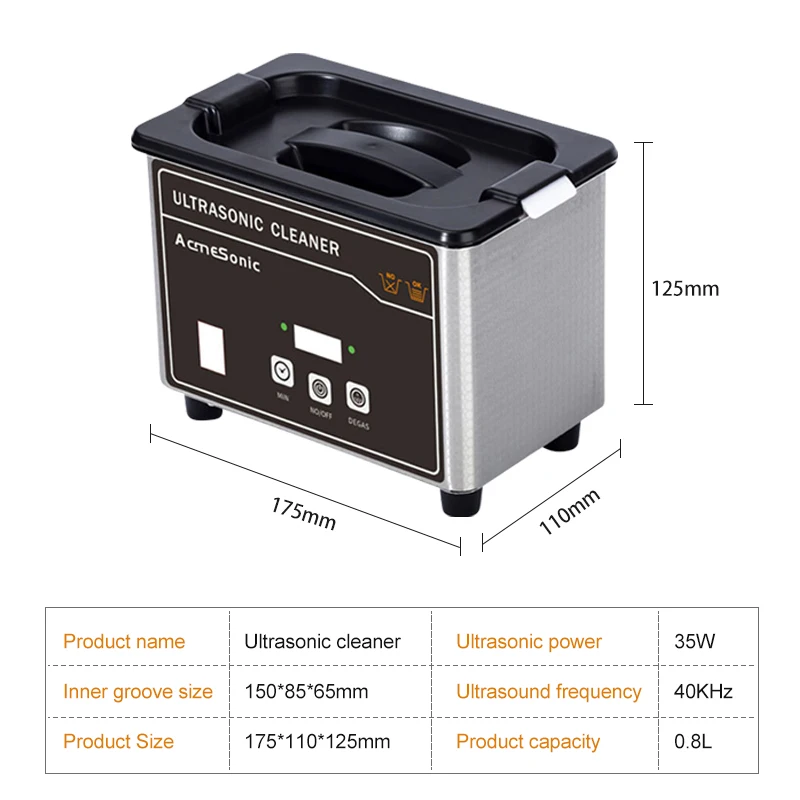 Aço inoxidável Ultrasonic Cleaner, Banho, Dental Razor Parts, Ultrasound Lavagem, Relógios Jóias, 0.8L, 40KHz, 110V, 220V