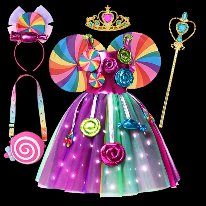 Rainbow Sweet Lollipop Candy Kids Dress Carnival Party Girl Birthday Costume Fancy LED Light Tutu Children Wedding Clothes