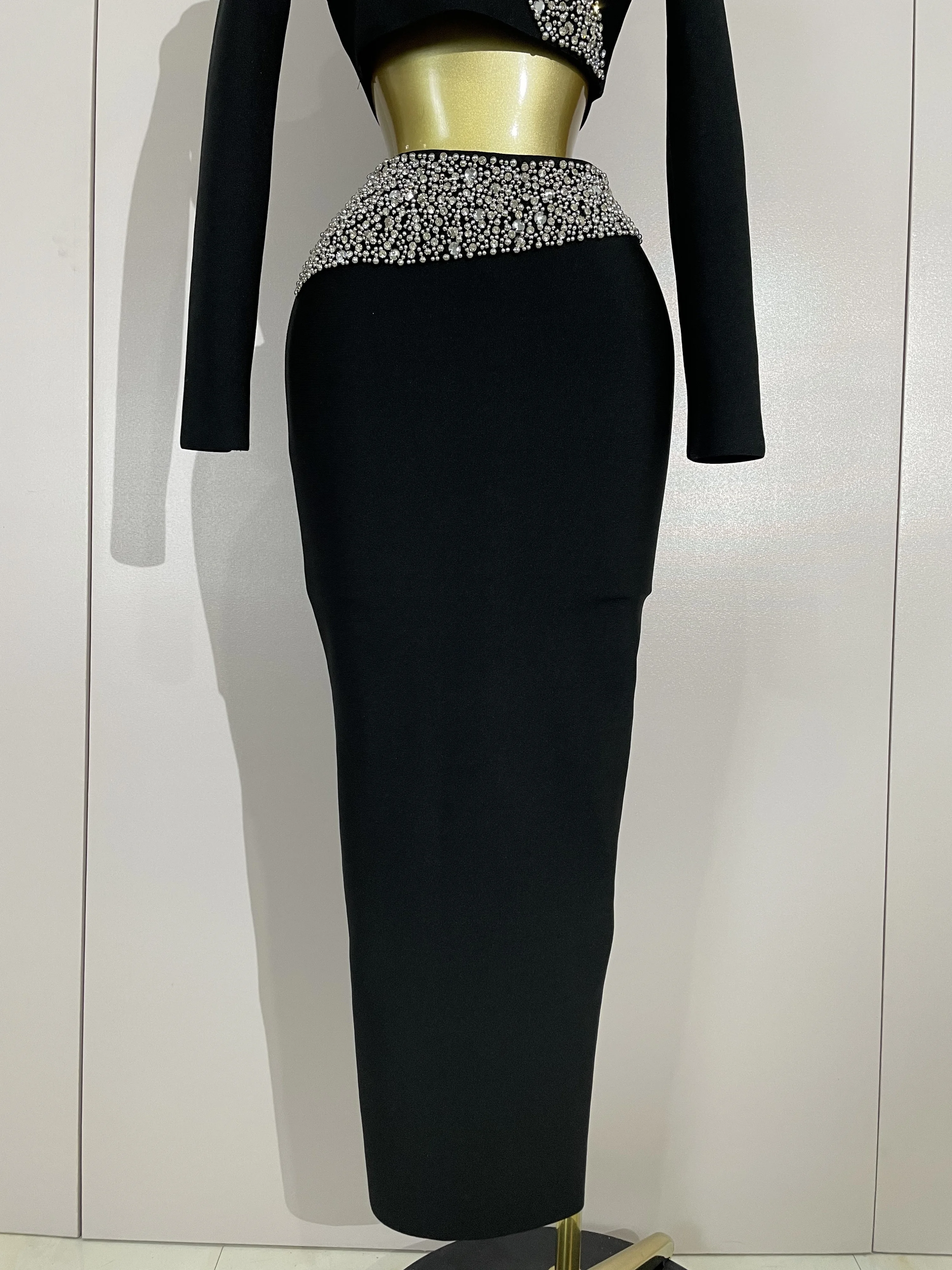 Sexy Sparkly Strass Perle Zwei Stücke Lange Bandage Rock Hohe Qualität Frauen Elegante Promi Abend Geburtstag Party Kleid
