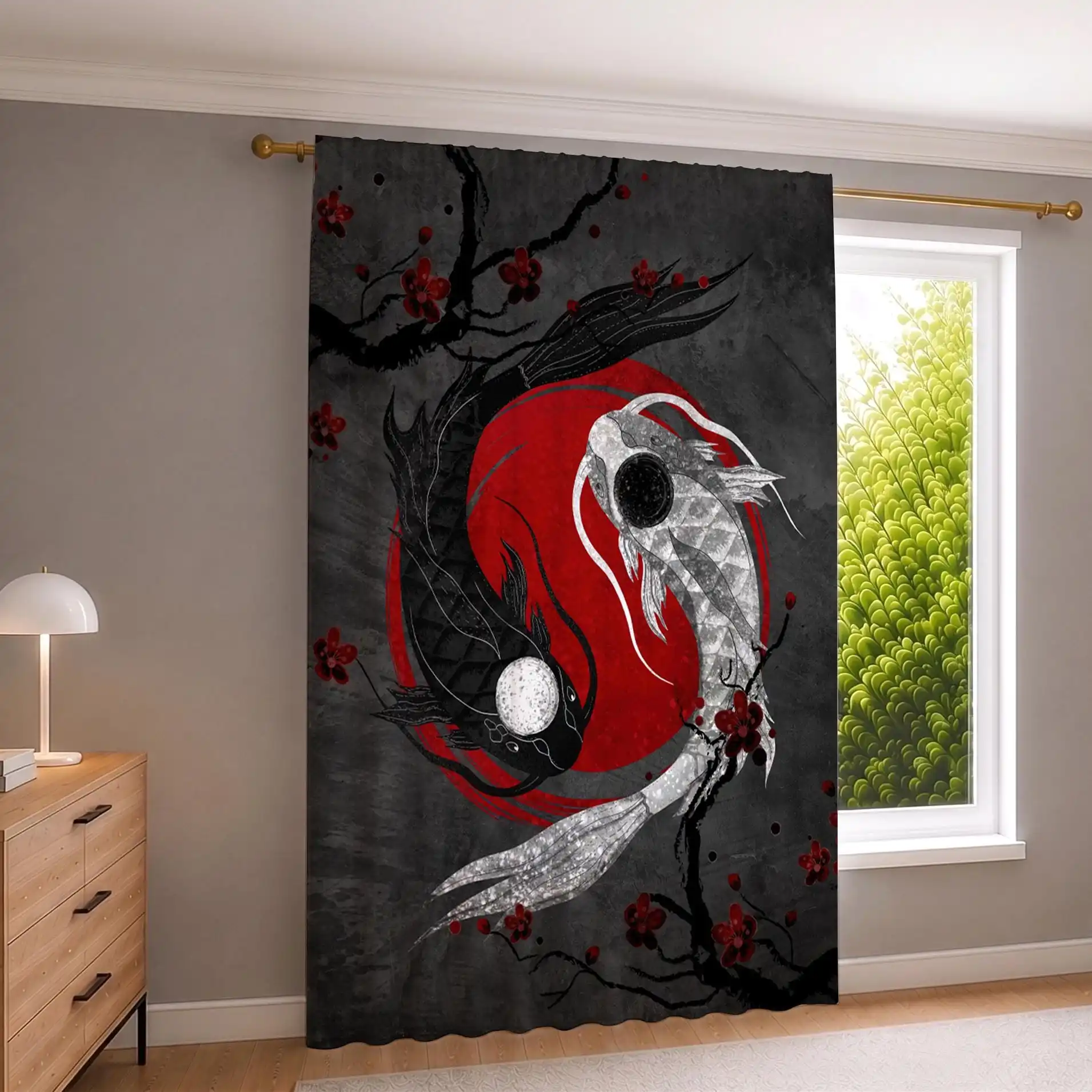 Dramatic Yin Yang Art Window Curtains Black Red Chinese Style Abstract Feng Shui Home Decor Panels