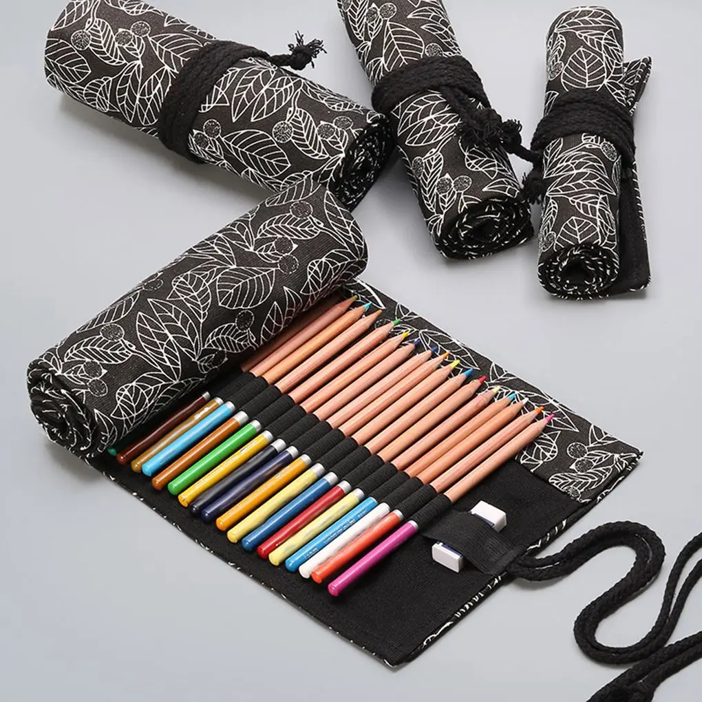 Black White Leaves Printed Pattern Roll Up Paint Brush Canvas Case Wrap Sketching Drawing Pen Bag Pouch 12-24 Holes