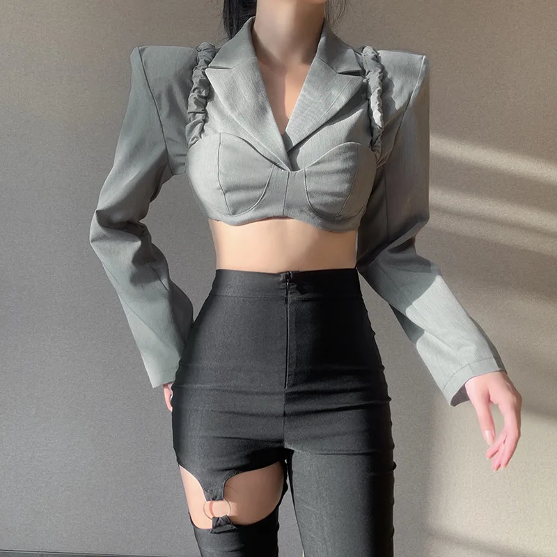 2023 koreanische Mode sexy kurz geschnittenen Blazer Frauen Schulter polster Jacken kurze Langarm schick y2k stilvolle elegante Blazer grau