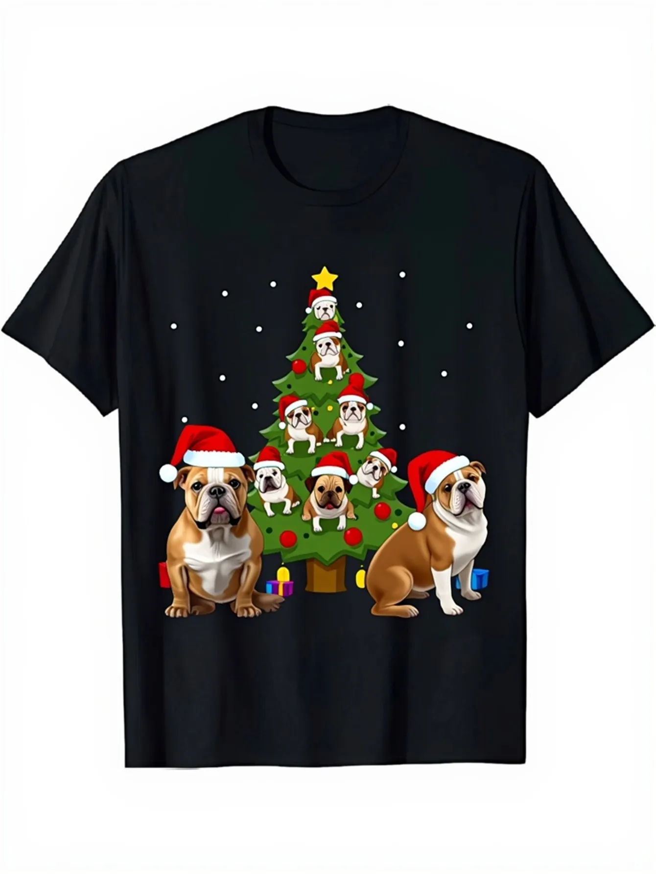 Funny Men's Black Graphic T-Shirt Bulldog Christmas Tree Santa Hat Snowflake Puppy Holiday Print 100% Cotton Heavyweight Short Sleeve Casual Streetwear Tee