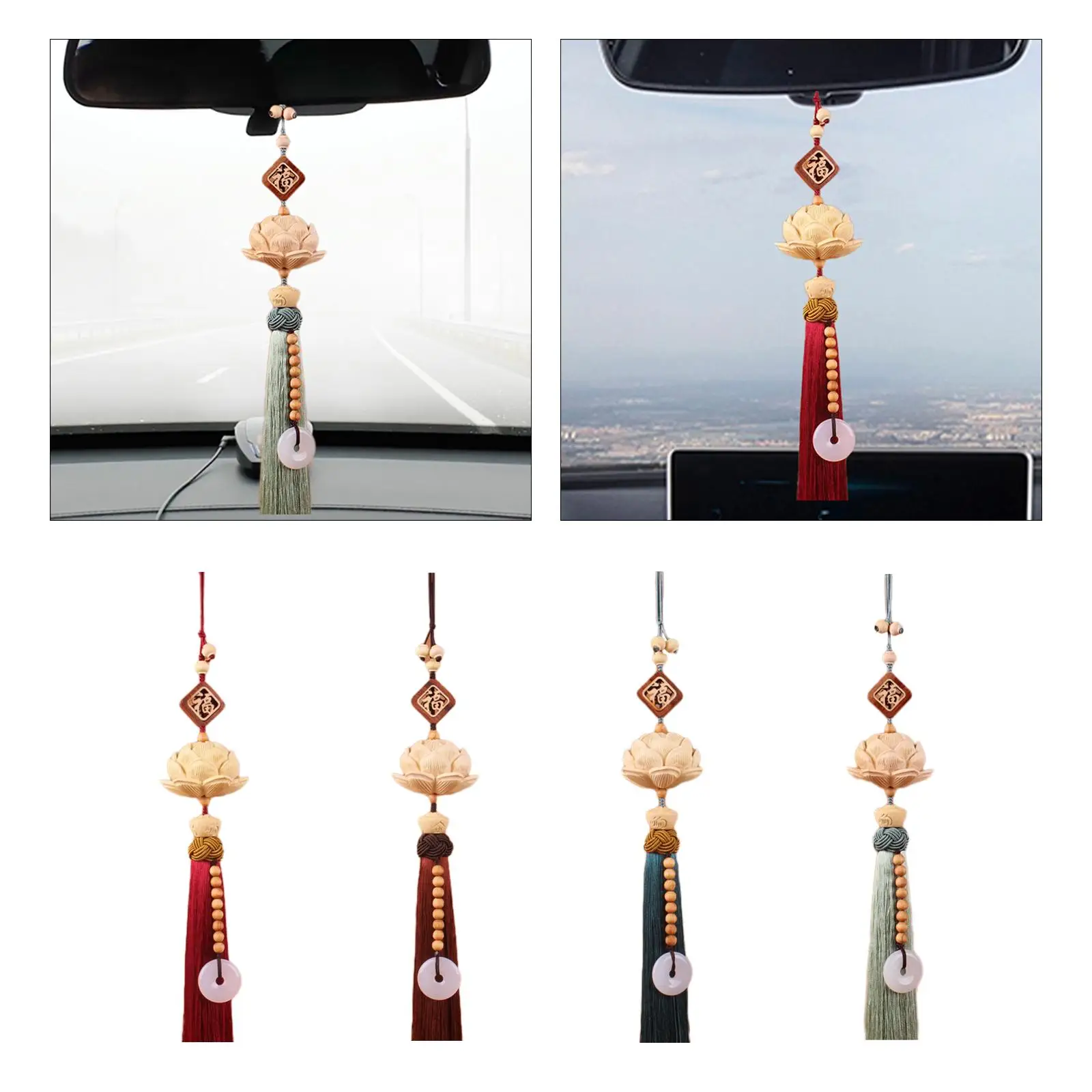 Lucky Lotus Car Rearview Mirror Pendant Wood Tassel Dangling Ornament Chinese Feng Shui Decor for Family Gift