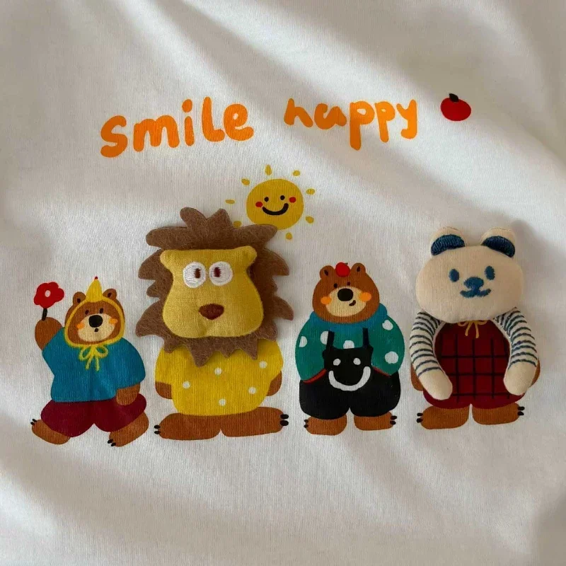 2024 Kids Fall Clothes Baby Boys Girls Cute Cartoon Three-dimensional Lion Little Bear Doll T-shirt Kawaii Cotton Long Sleeve