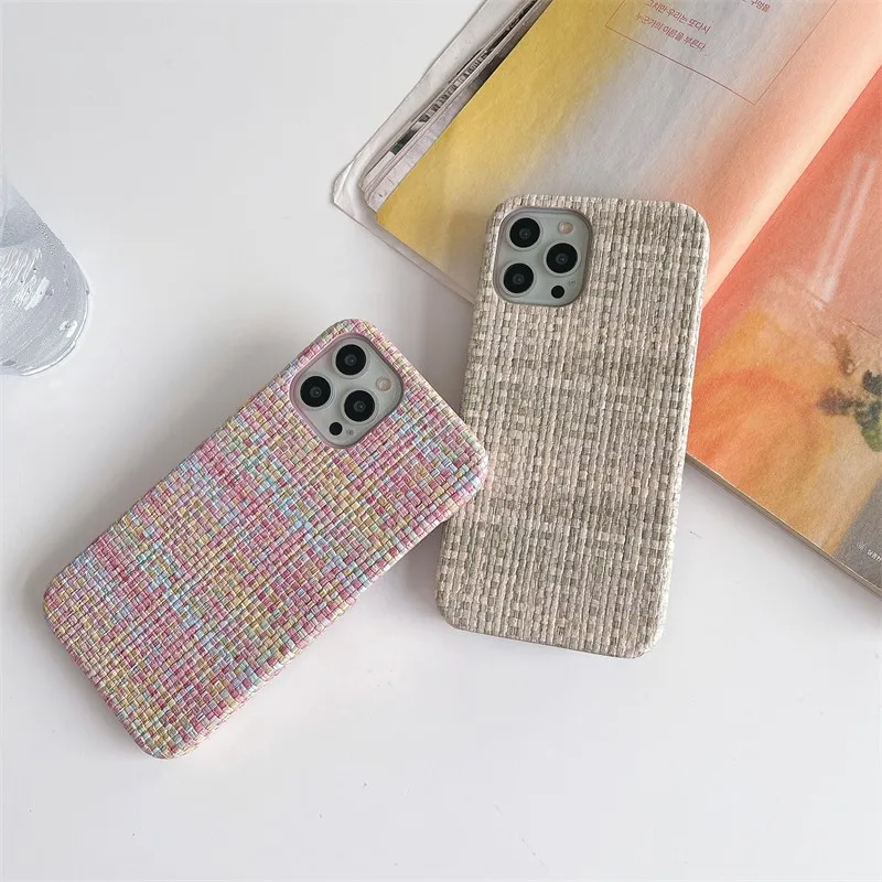 Luxury Fashion Linen Weave Half Surrounded Hard Case For Iphone 14 13 12 11 Pro Max Xr X Xs 7 8 Plus Se 2020 Female Cover Capa