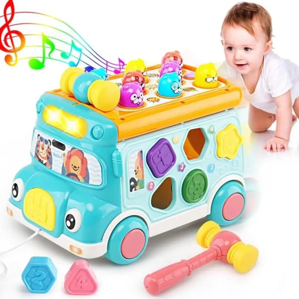 Plastic Music Activity Bus Baby Toy Montessori Sound Bus Music Educational Toys Shape Sorter Multifunctional Whack-a-Mole Toys