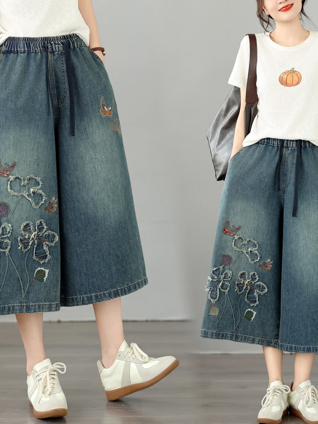 

Laid-back Casual Embroidered Heavy Embellished Frayed Hem Denim Jeans Women's Summer New Elastic Waist Straight Leg Wide Leg ...