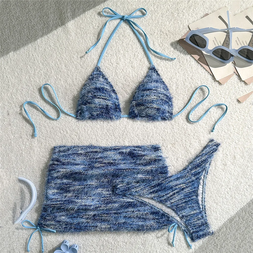 

Blue Plush Halter String Triangle Bikinis Sets 3 Pieces Skirts Swimwear Cove Ups Sexy Swimsuit Women 2026 Bikini Swimming Wear
