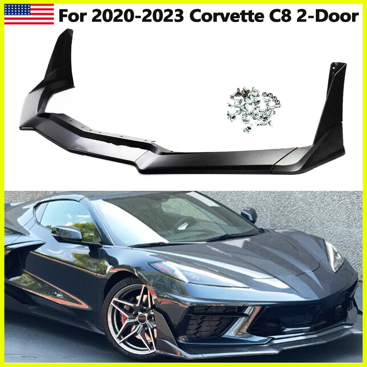 Fit 20-23 Corvette C8 Matte Black ZR1 Style Front Bumper Lip Splitter with Winglet