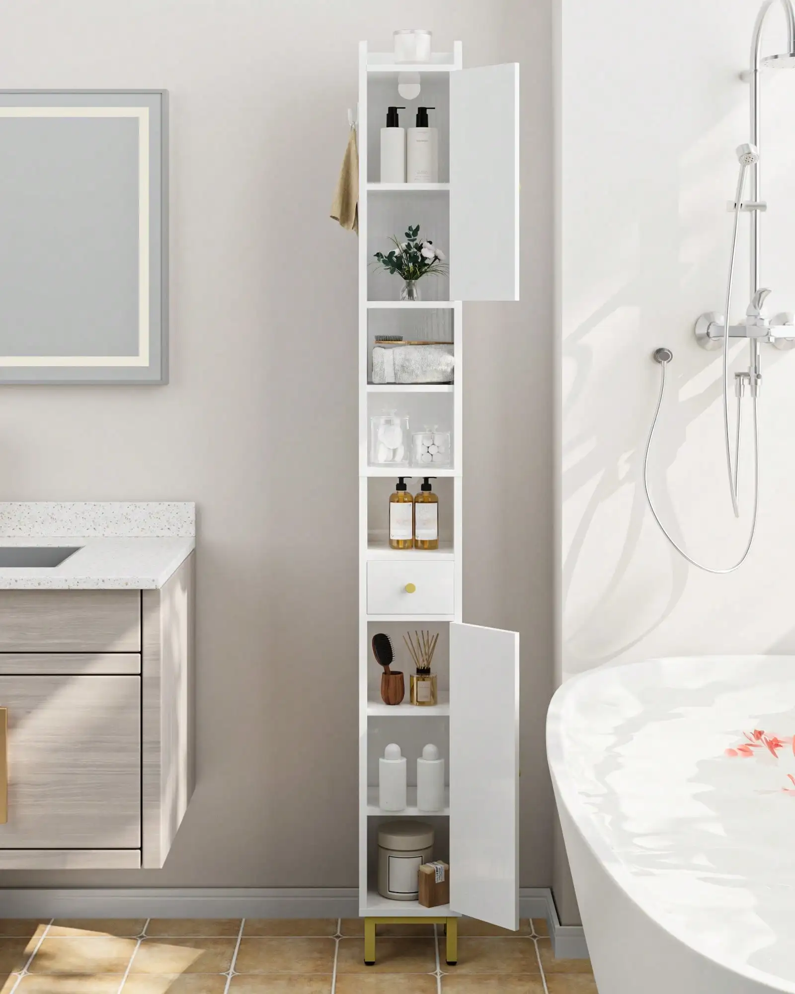 HaluPeit Bathroom Cabinet With Adjustable Shelves, Freestanding Floor Cabinet, Tall Bathroom Storage Cabinet With Doors & Drawer, Narrow Toilet Paper Storage Cabinet, White