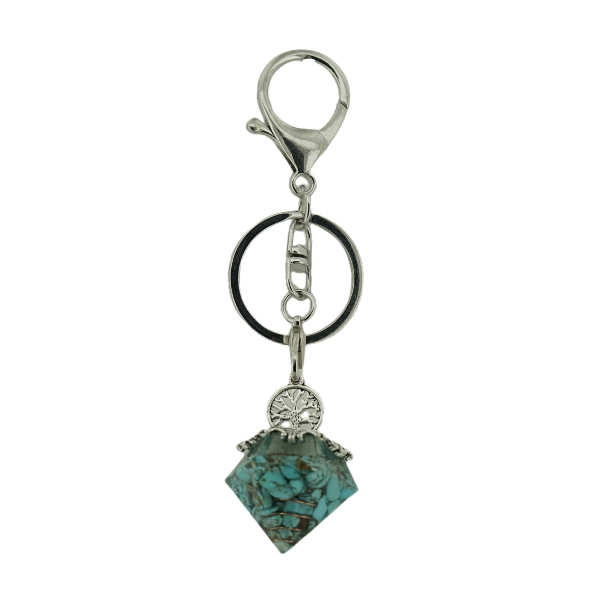 Unique Design Diamond Shape Keychain Gravel Chip Gemstone Resin Spirit Pendulum Key Chain Accessories