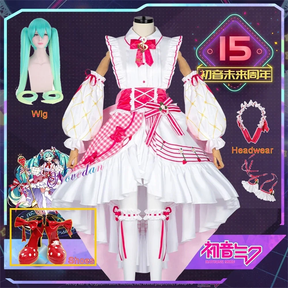 

15th Anniversary Miku Cosplay Outfit Anime Miku Strawberry Lolita Dress Kawaii Women Halloween Party Costume Shoes Wig Prop