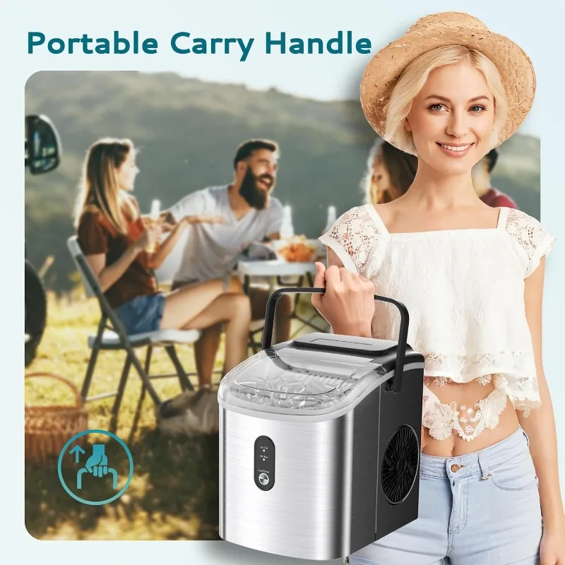 Portable Countertop Ice Maker Machine with Handle, 26.5lbs Per Day, 9 Cubes in 6 Mins, Auto-Cleaning  with Basket and Scoop