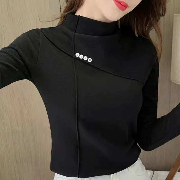 Double-Sided Thickened Long Sleeve Half-High Collar Women's Base Shirt Warm Fleece-Lined Korean Style Commute Fashion