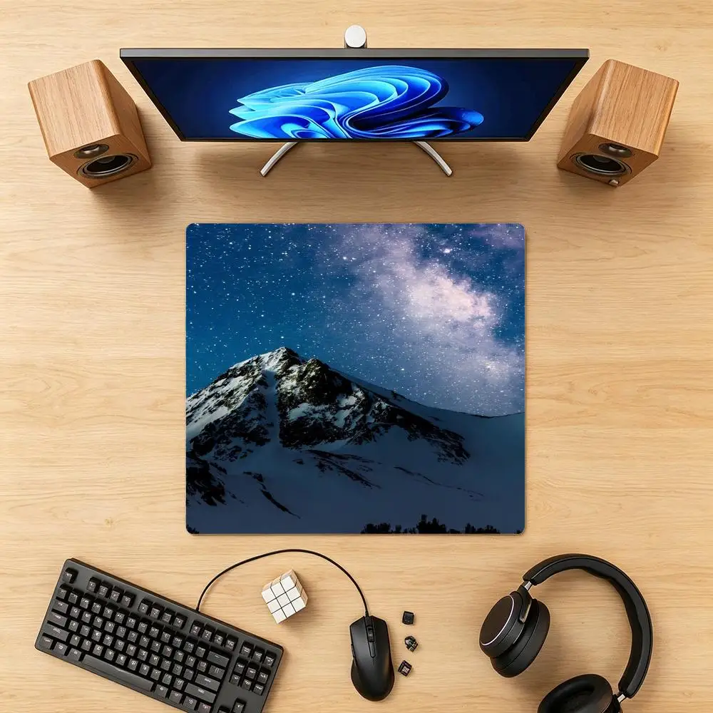 Mountain Forest Gaming Mouse Pad with Locked Edges Starry Sky & Foggy Forest Pattern Large Desk Mat Non-Slip Computer