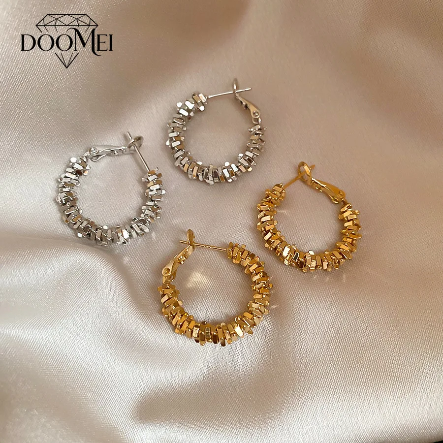 DOO MEI Irregular Crushed Stone Hoop Earrings for Women Sparkling Chunky Circle Ear Rings Trendy Daily Commute Statement Jewelry