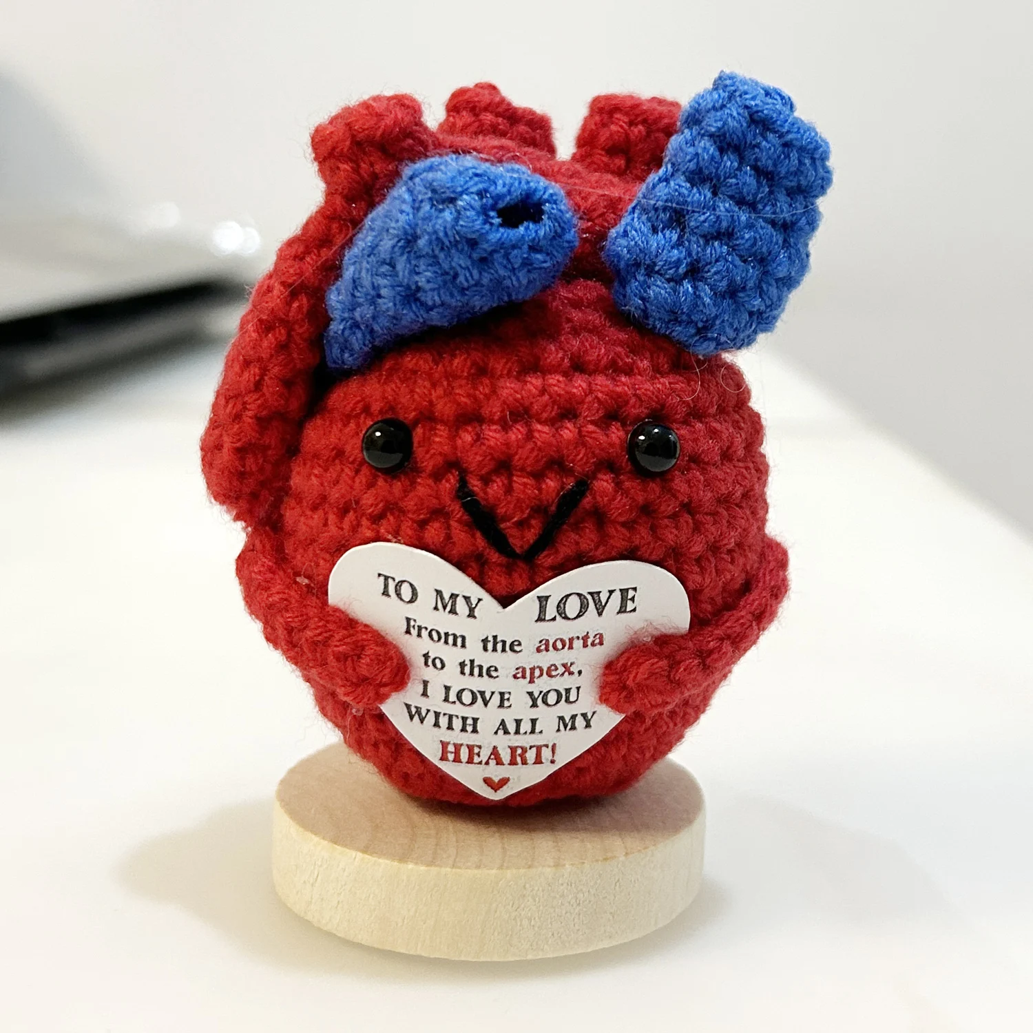 

Handmade Crochet Anatomical Heart , Mini Love Gift for Boyfriend Girlfriend Husband Wife - Funny & Meaningful With Wooden Base