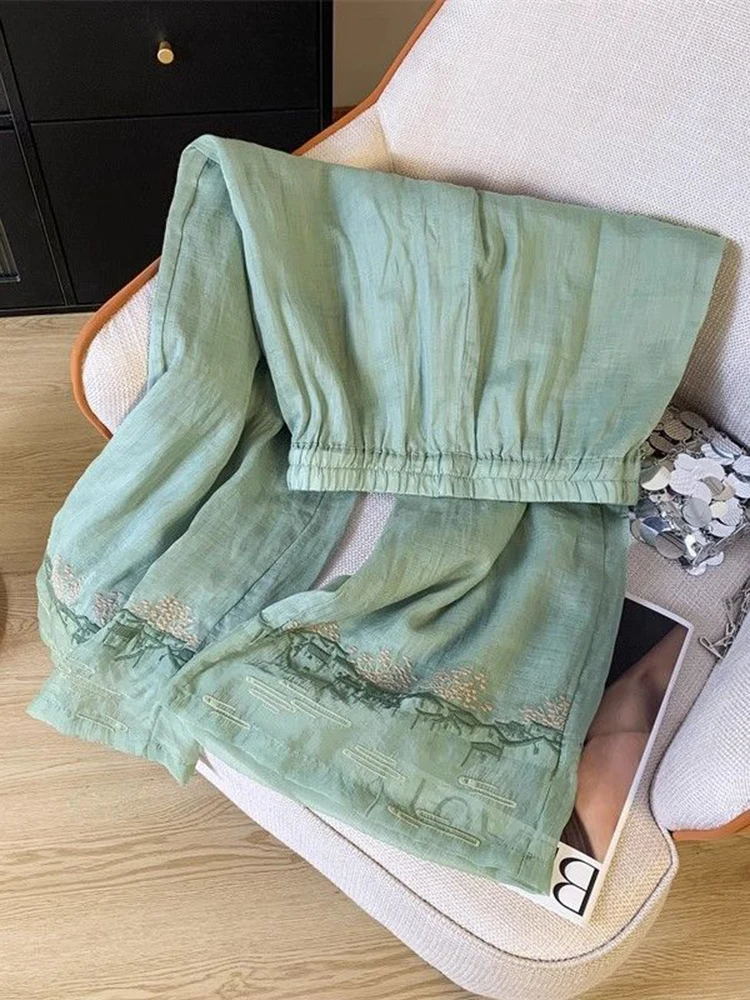 Cotton Linen Retro Loose Pant Women Casual Floral Embroidery Sweet Trousers Summer Vintage Streetwear High Waist Wide Leg Pants