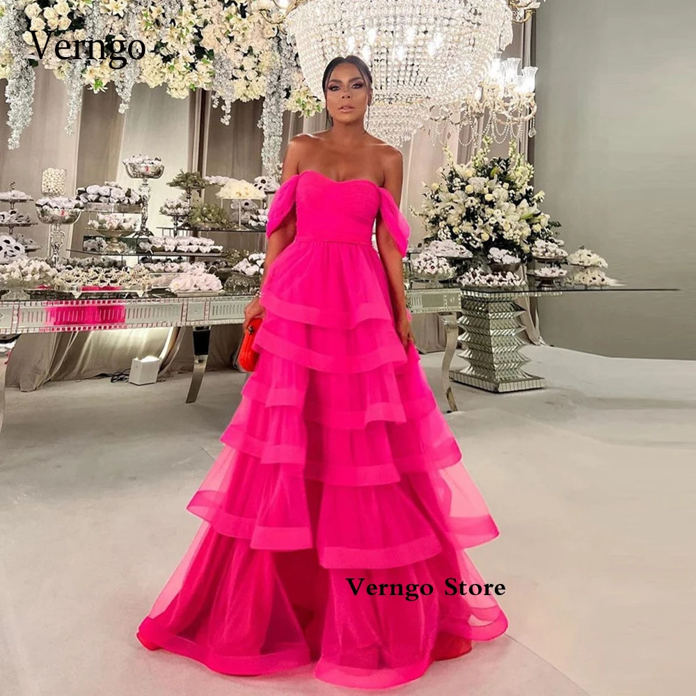 

Verngo Bright Hot Pink Layered Skirt A Line Long Evening Dresses Off the Shoulder Floor Length African Women Prom Gowns Party