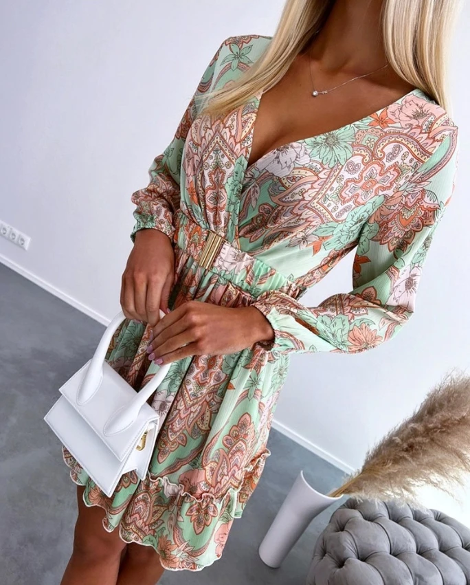 Women's Dress Floral Print Deep V-Neck Frill Hem Mini Dress 2024 Spring/summer Latest Long Sleeves Vacation A Line Short Skirt