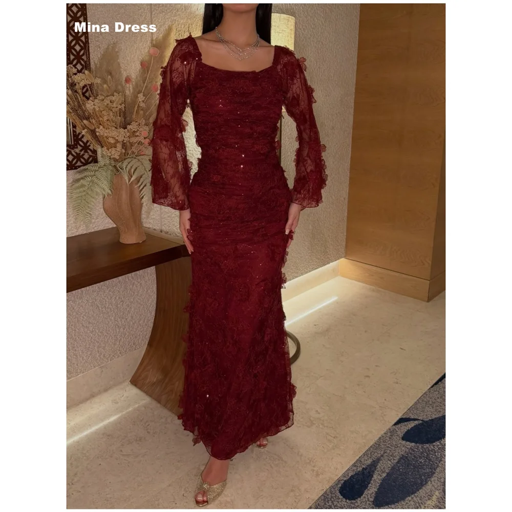Mina Customized Burgundy Lace Embroidered Long Sleeves Elegant Party Dresses for Special Occasions Round Neck Luxury Party Dress
