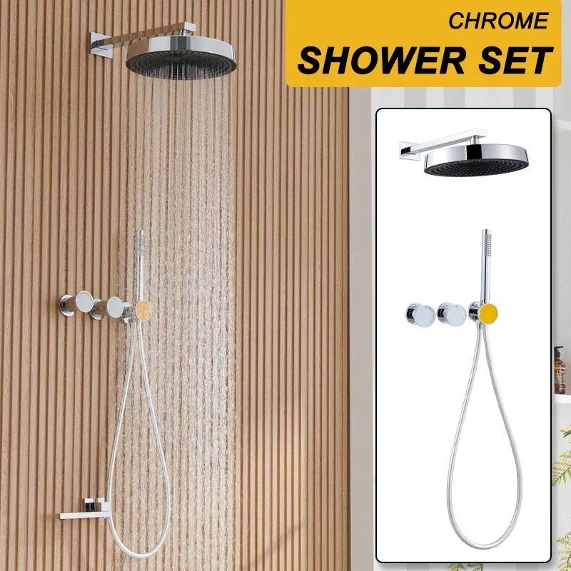 Top Shower Set Brass Spout with 2 Button Adjustable Handshower Stainless Steel 40cm Arm Black Chrome Grey PVC 1.5M Hose