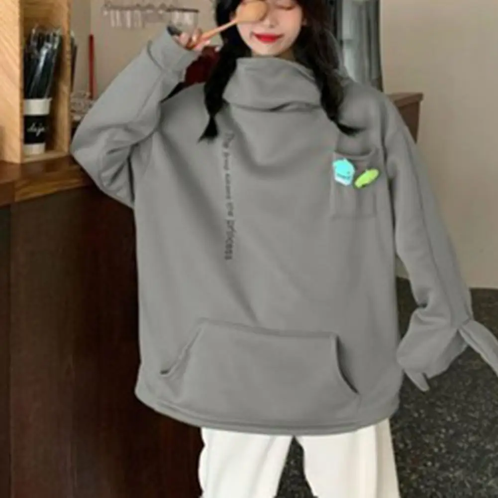 Cartoon Frog Women Winter Hoodie Big Patch Letter Embroidery Winter Hoodie Loose Thermal Long Sleeves Students pull Pullover