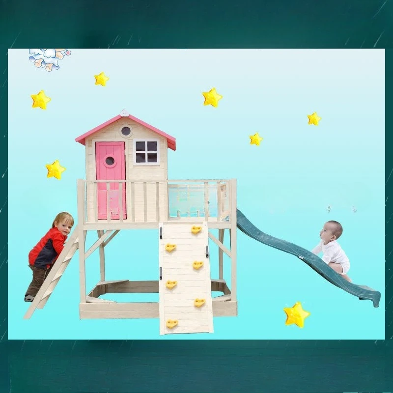 

Large children's wooden house Children's tree house Kindergarten Amusement park Climbing slide Outdoor children's play house Woo
