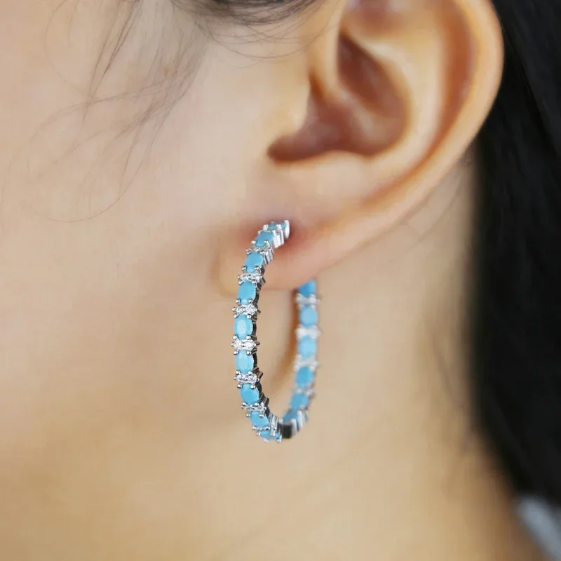 35mm Blue Turquoise Stone Round Big Circle Hoop Earrings for Women Gold Color Unisex Female Male Punk Wedding Hoops Jewelry
