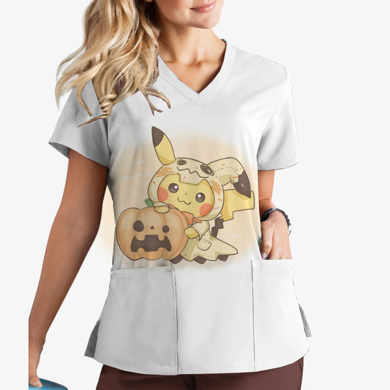 Pikachu Print V-Neck Print Scrub Top Ocean Museum Amusement Park Women's Summer Work Uniform Nursing Clothes