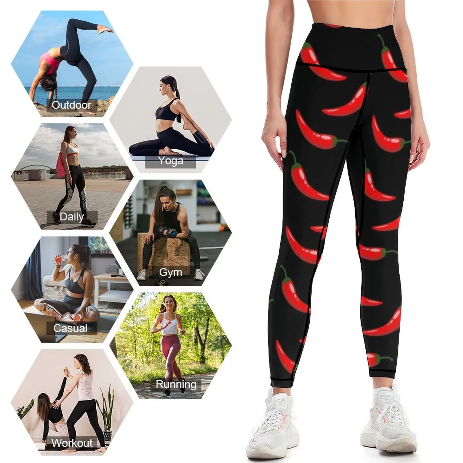 Red Chili Pepper Pattern, Hot red chili Leggings legings for fitness Sports pants woman Womens Leggings