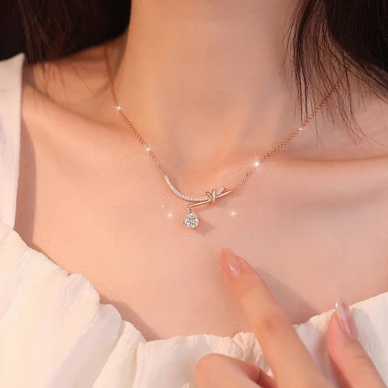 1CT D Color Moissanite Diamond Bowknot Pendants Necklace For Women 925 Sterling Silver Elegant Luxury Wedding Party Jewelry Gift