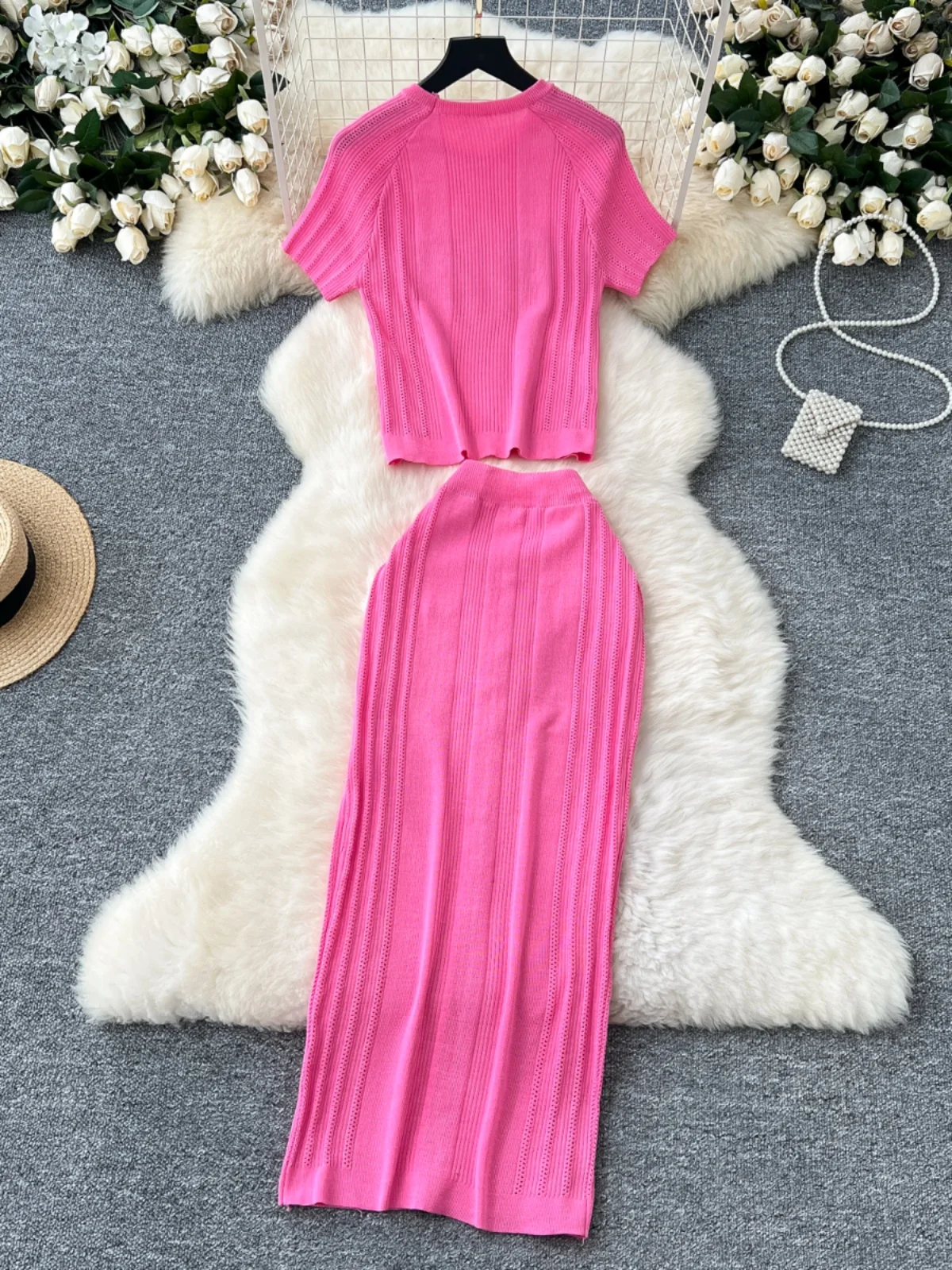 High-End Knitted ort-Sve round Ne Bodycon  Skirt Two-Piece Set for Young Women Commute Sle Winter Faion