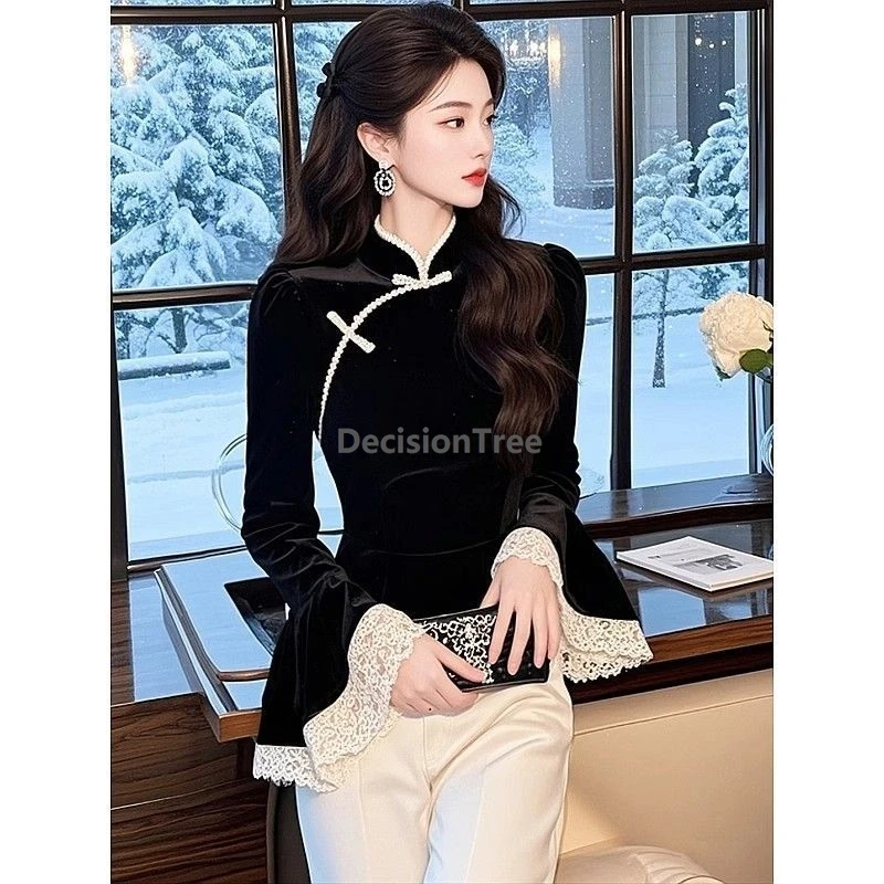 

2025 trendy romantic lace patchwork women's blouse sutumn winter retro literature art velvet qipao top elegant versatile top