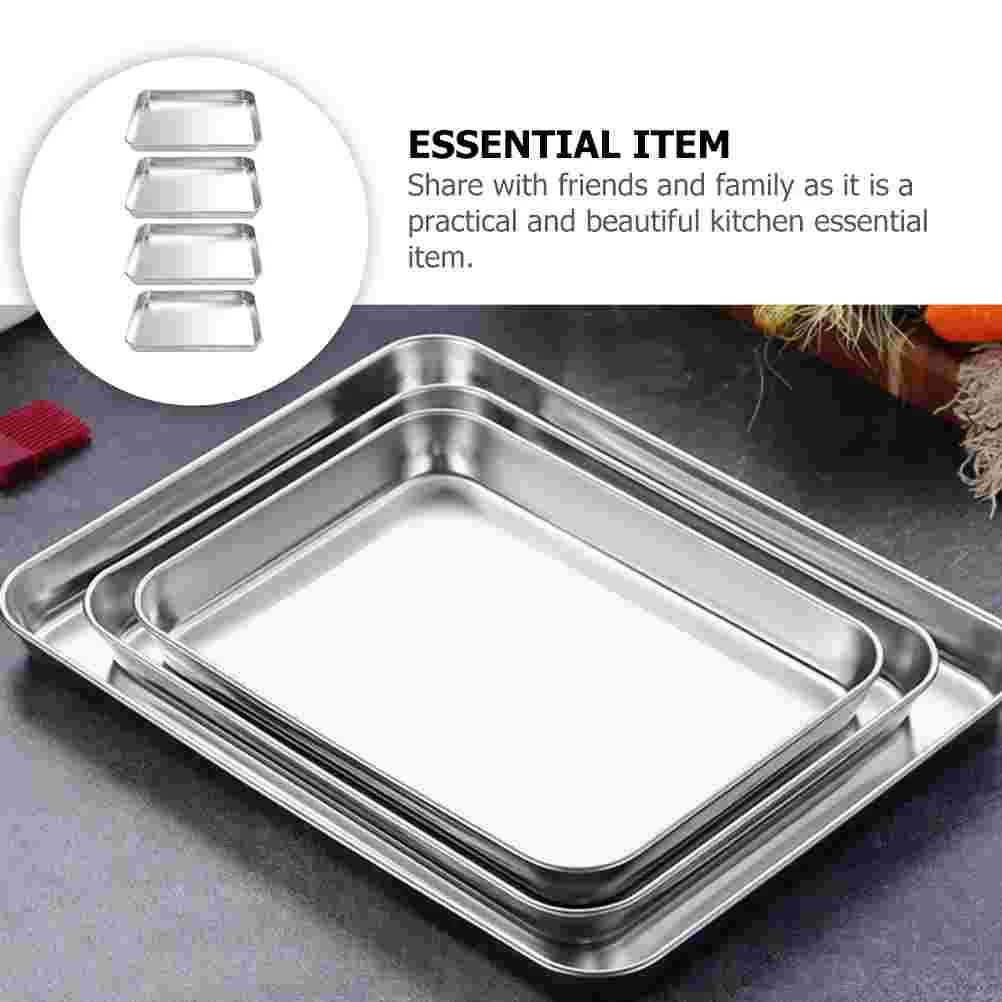 4 Pcs Stainless Steel Bakeware Home Storage Tray Kitchen Plate Food Trays Bread Pan Square Container for Banquet Containers