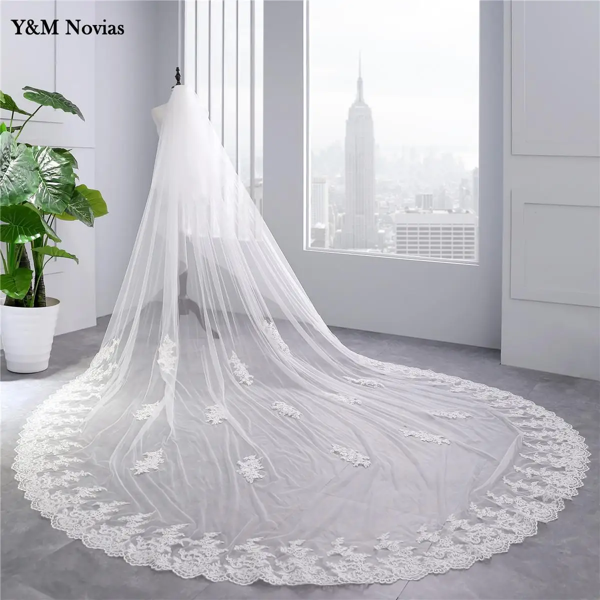 350*300Cm Luxe Kant Lange Tulle Wedding Veils Twee Layer Met Kam Wit Ivoor Bridal Veil Voor Bruid huwelijk Bruiloft Accessorie