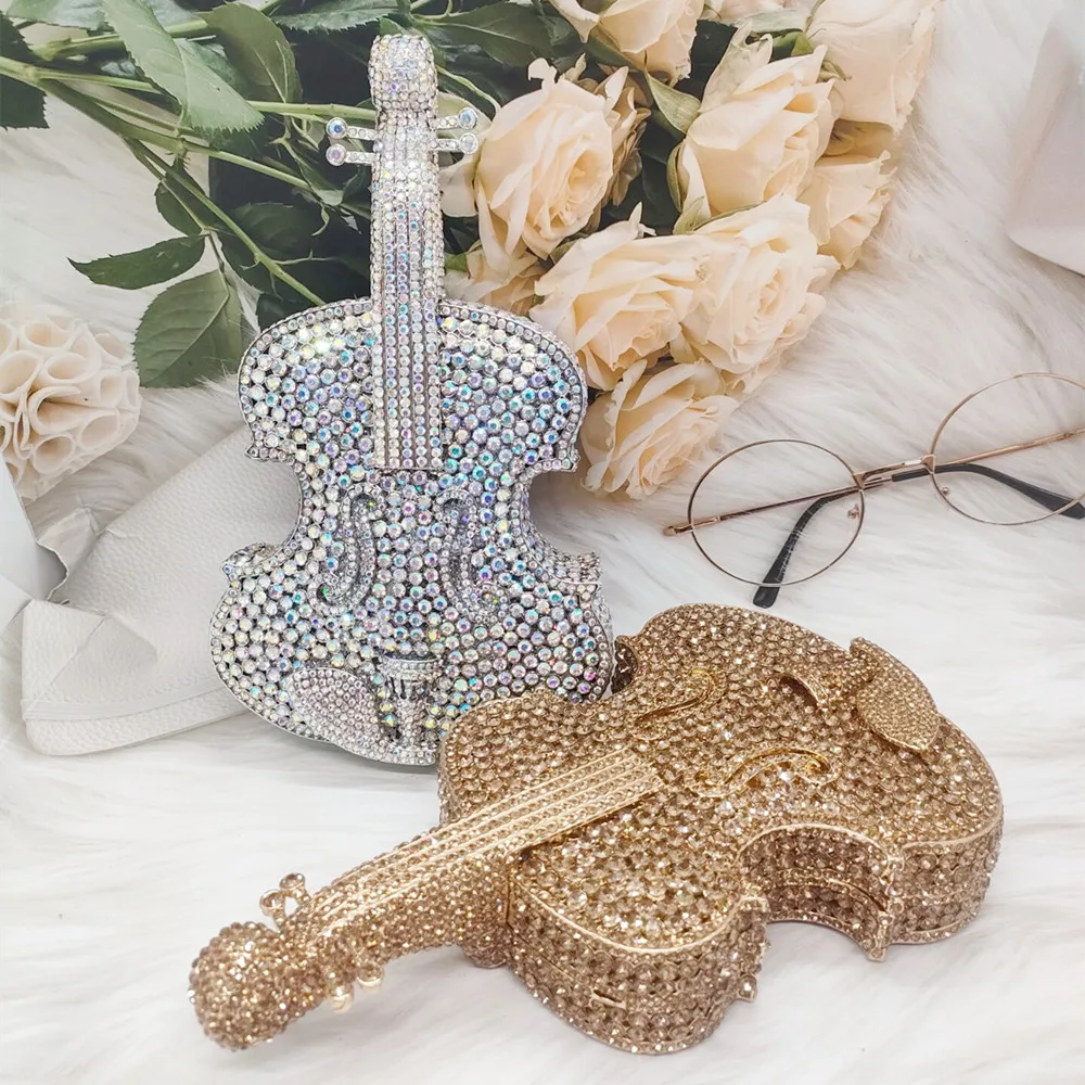 DGPEAFOWL Personal Tai 3D Violin Design Diamond Bag For Women Luxurious Evening Wedding Handbag Ladies Party Phone Cosmetic Bag