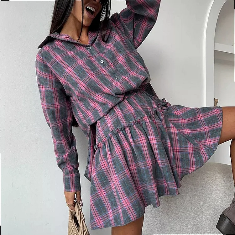Fashion Plaid Skirt Set Women Blouse Tie Waist Pleated Midi Skirt Two Piece Matching Set
