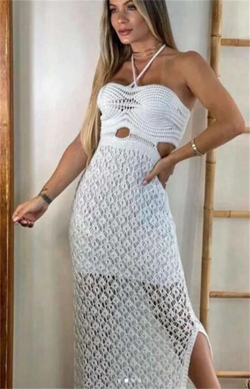 Sexy Halter Cut Out abito lungo in maglia a fessura alta, Bikini da spiaggia Cover up Sarong, costume da bagno donna all'uncinetto con spalle scoperte