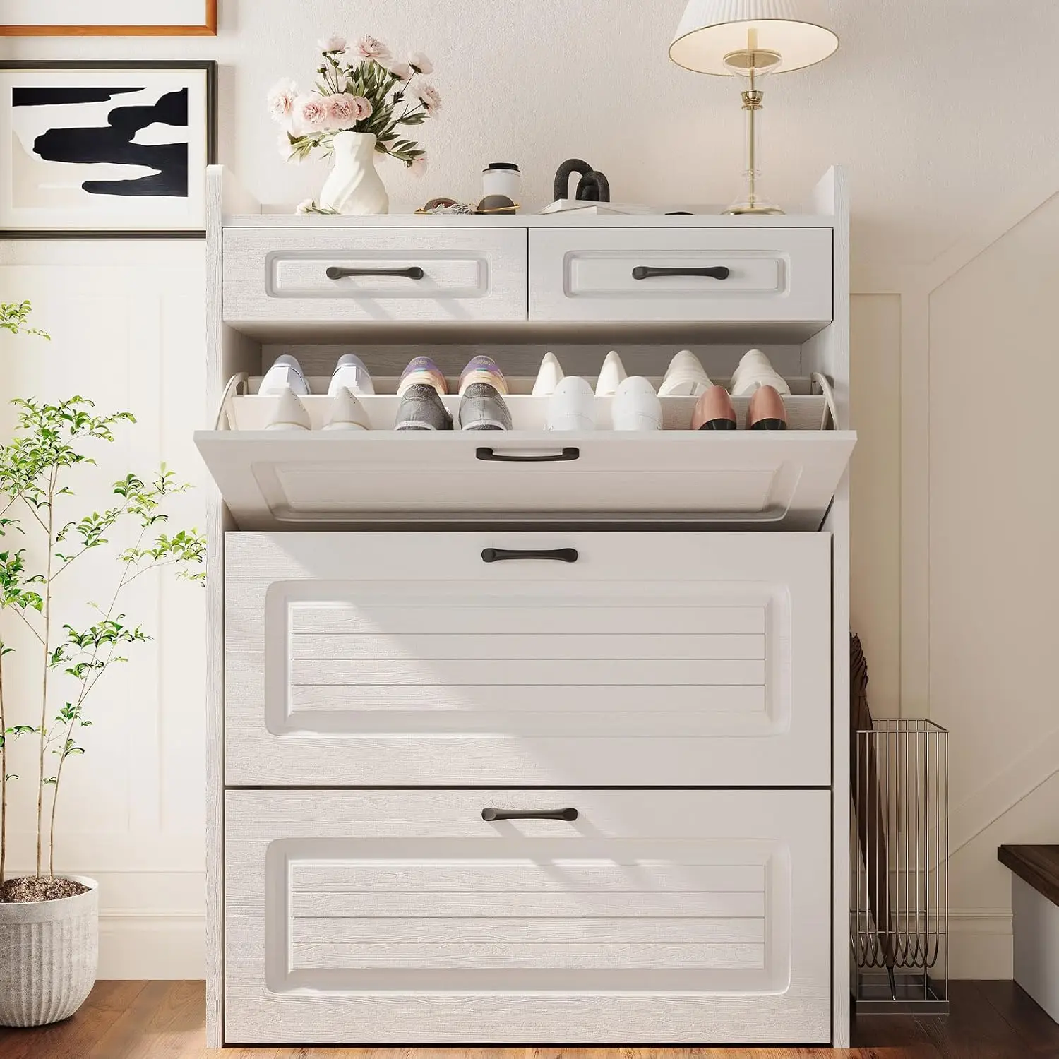 Shoe Cabinet 3 Flip & 2 Storage Drawers, Adjustable Divider Organizer for Entryway Hallway Living Room, White, Customized