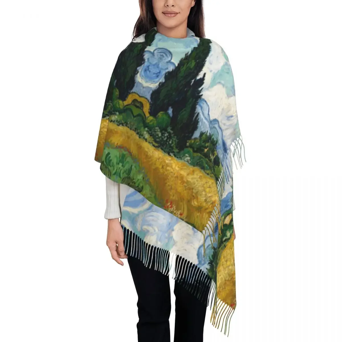 Wheat Field With Cypresses Tassel Scarf Women Soft Vincent Van Gogh Shawls Wraps Ladies Winter Fall Scarves