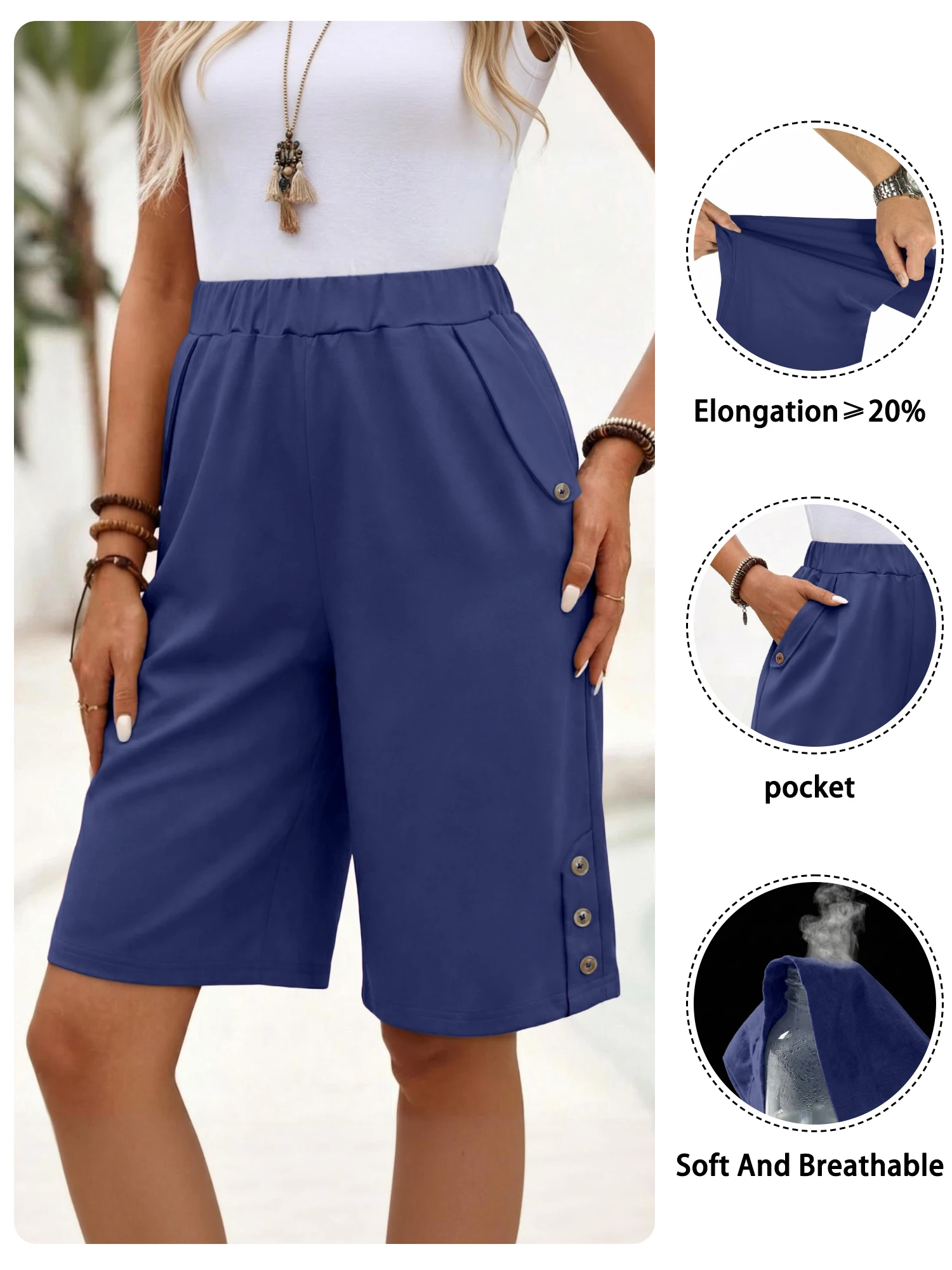 Damen Sommer-Shorts mit hoher Taille, elastischem Bund, lockerem, weitem Bein, knielang, lässige Hose mit Taschen und seitlichen Knöpfen – Detail 4