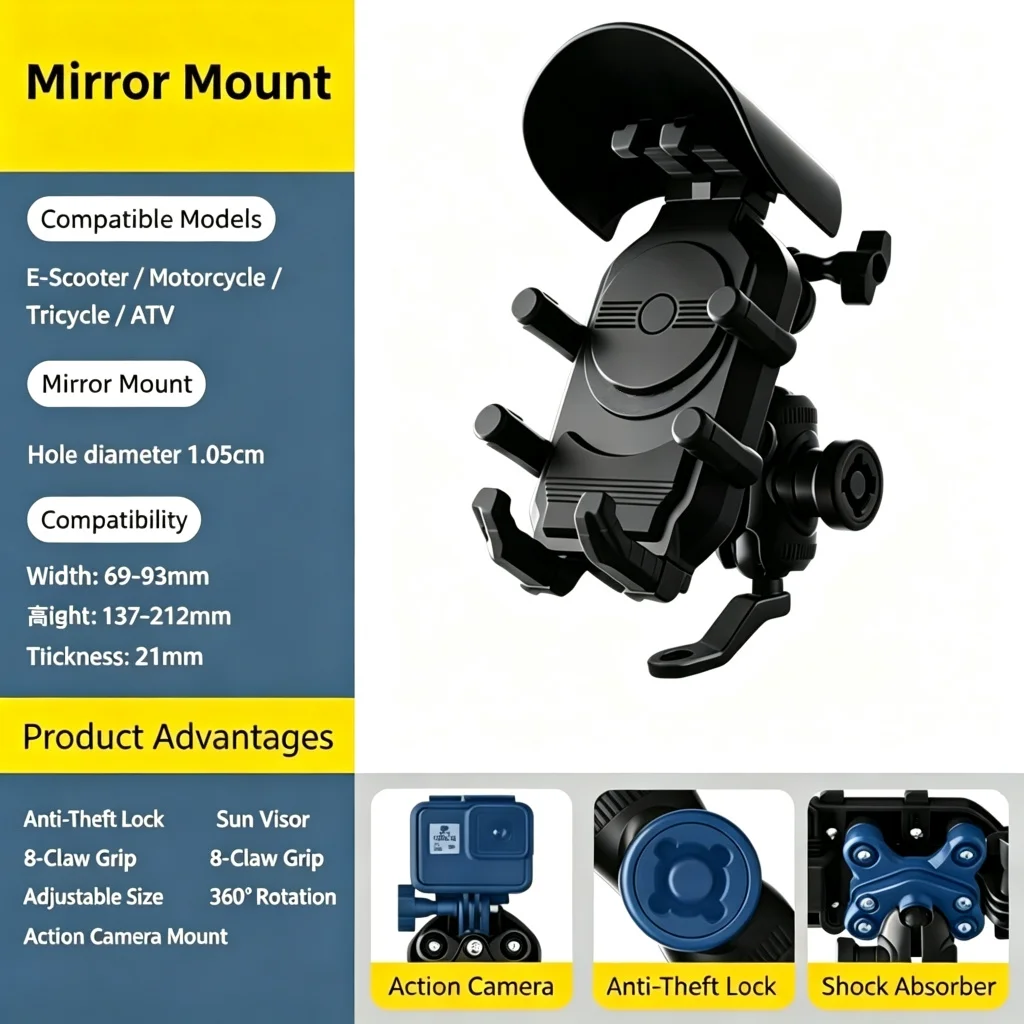 Motorcycle Phone Holder 8 Claw Shock Absorbing Anti-Theft with Sun Visor 360° Rotation for Bike Handlebar Rearview Mirror