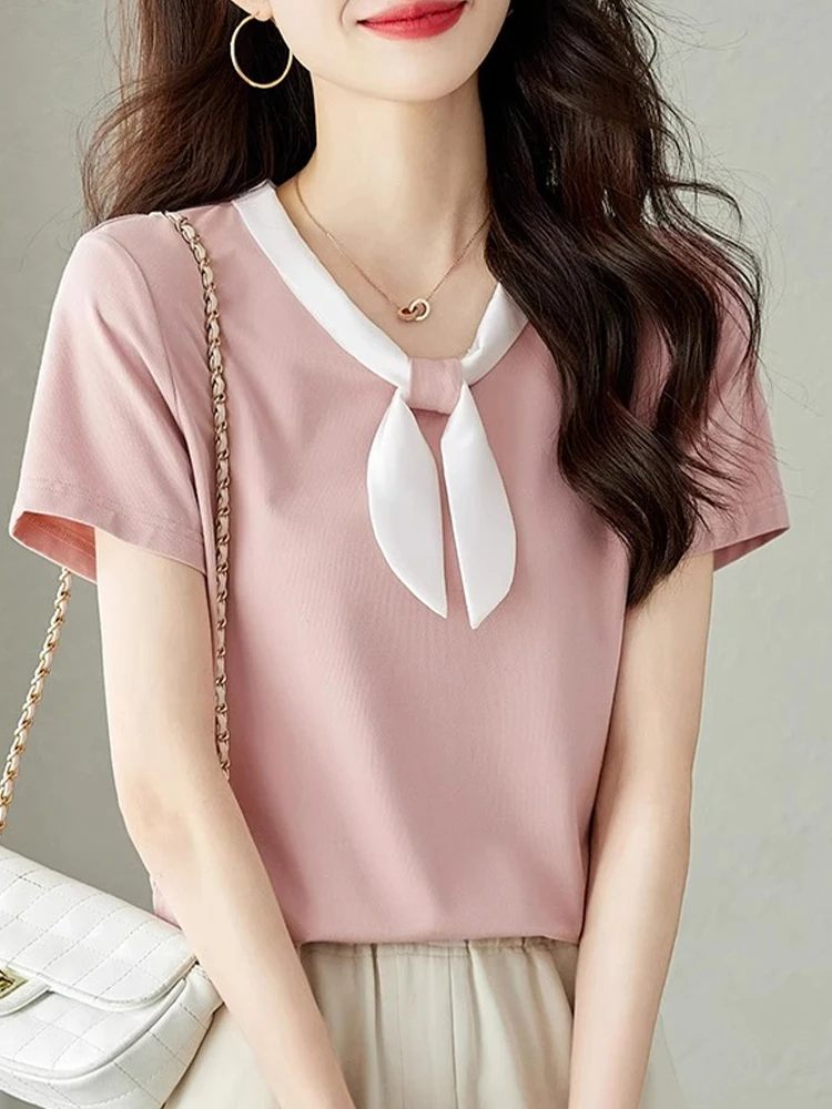 

Chic Simple Anti-Aging Color Blo Design Knot ort Sve Summer New Top Commute Casual T-irt Women's Faion