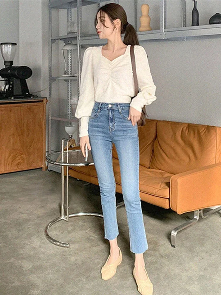 Washed High Waist Slant Pocket Solid Jeans Women Summer Zipper Fly Ankle Length Denim Pants Streetwear Straight Leg Jeans 2024