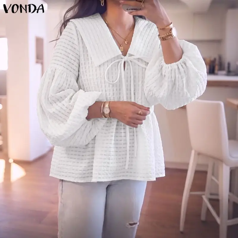 VONDA Women Blouse French Style Casual Spring Tops Elegant V Neck Tie Front Lantern Sleeve Shirts Fashion Solid Color Blusas 3